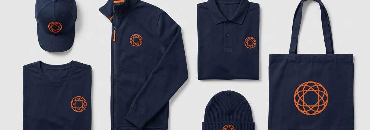 Navy and orange branded company apparel including caps, jackets, polos, tees, beanie and tote bag