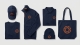 Navy and orange branded company apparel including caps, jackets, polos, tees, beanie and tote bag