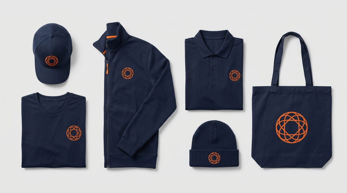 Navy and orange branded company apparel including caps, jackets, polos, tees, beanie and tote bag