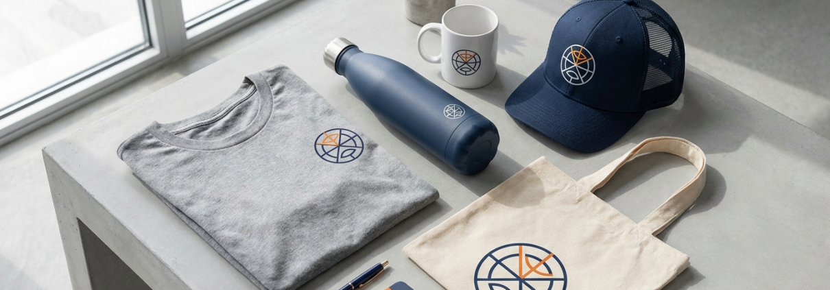 Branded promotional products including a t-shirt, water bottle, mug, cap and tote bag with a navy and orange logo