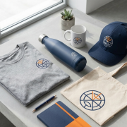 Promotional Products That Get Used — branded merchandise flat-lay Branded promotional products including a t-shirt, water bottle, mug, cap and tote bag with a navy and orange logo
