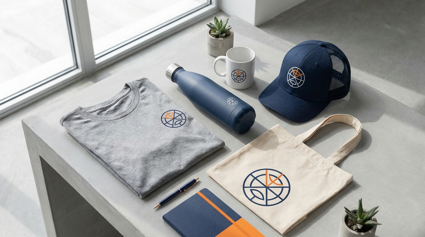 Branded promotional products including a t-shirt, water bottle, mug, cap and tote bag with a navy and orange logo